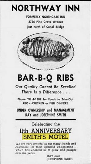 Smiths Motel (Northway Inn, Gaslite Motor Lodge, Shulz Bavarian Inn & Motel) - May 1960 Ad (newer photo)